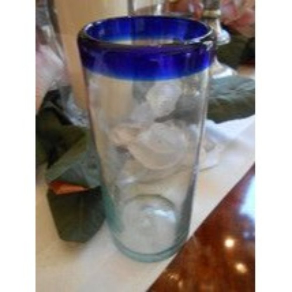 Hand Blown Tiny Bubble Specks Cobalt Blue Trim Green Tint 7 5/8" Tall Glass